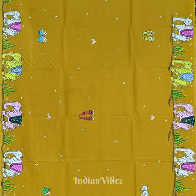 Yellow Doli Barat Theme Hand-Painted Pattachitra Saree