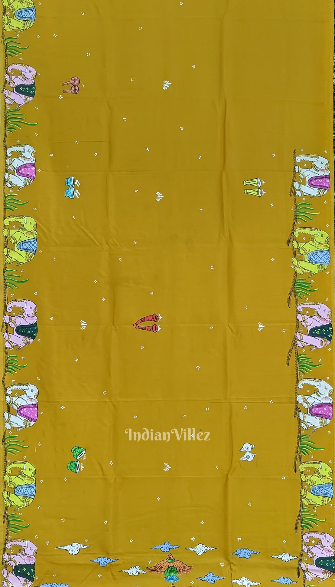 Yellow Doli Barat Theme Hand-Painted Pattachitra Saree