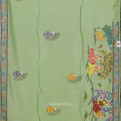 Pista Green Krishna Rasa Leela Hand-Painted Pattachitra Saree (Pre Order)