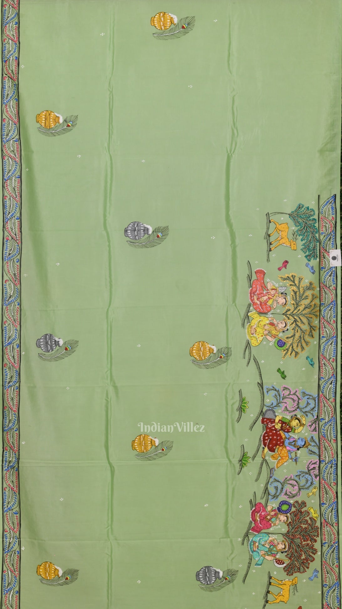 Pista Green Krishna Rasa Leela Hand-Painted Pattachitra Saree (Pre Order)
