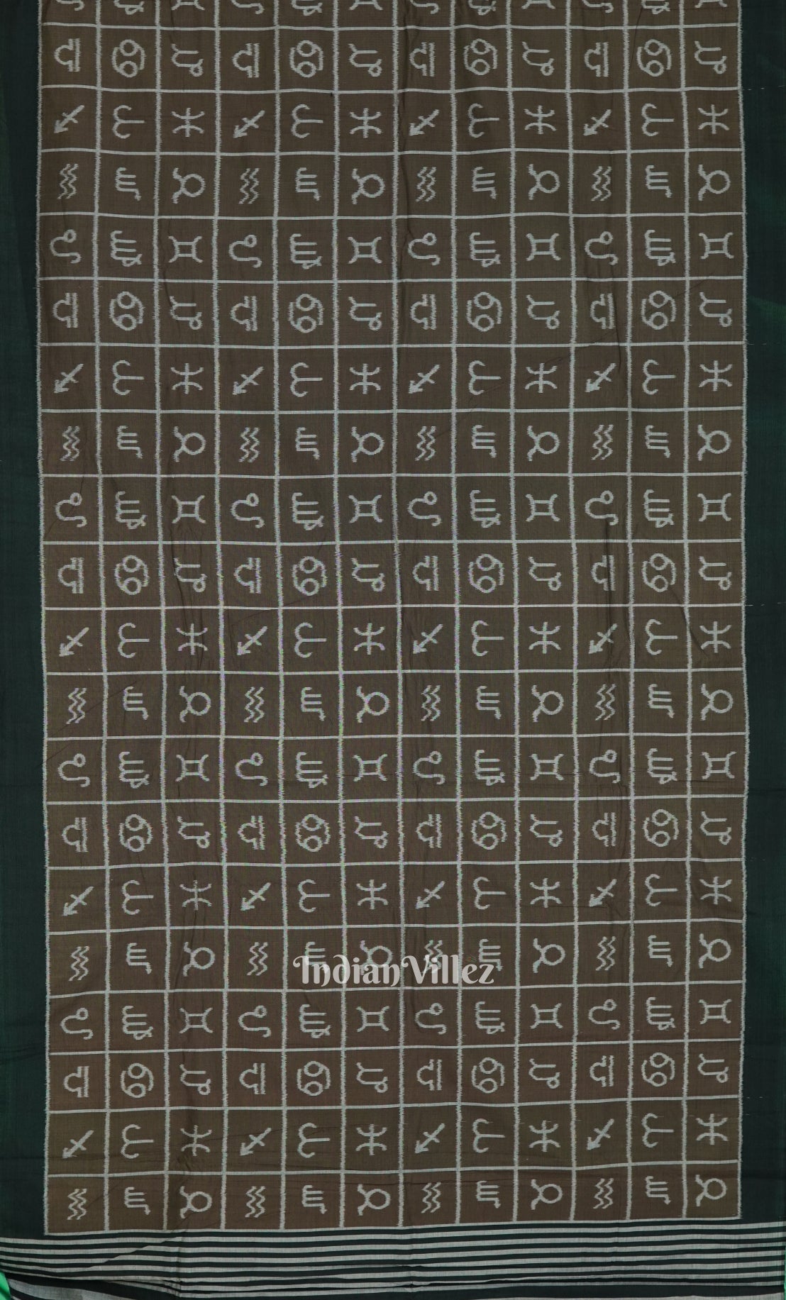Brownish Green Zodiac Symbol Odisha Ikat Sambalpuri Pure Cotton Saree