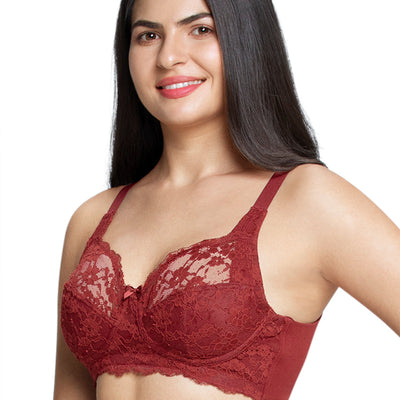 Cotton Lace Support Non Padded Non-Wired Bra - Port Wine