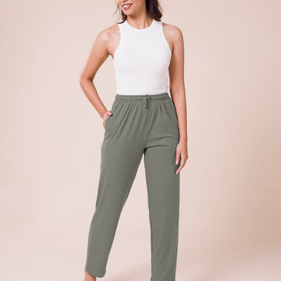 Women Solid Ebony Grey Mid Rise Casual Rib Pants