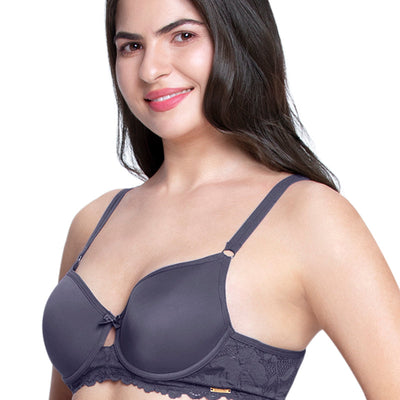 Strappy Bliss Solid Padded wired Lace Bra - Graystone