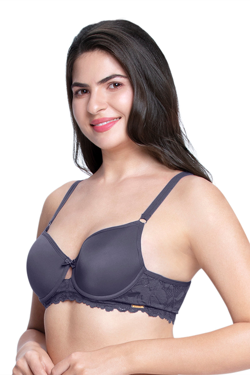 Strappy Bliss Solid Padded wired Lace Bra - Graystone