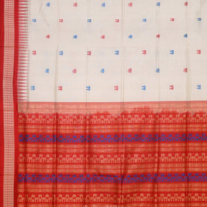 White Red Laxmi Pada Jhoti Design Bomkai  Sambalpuri Silk Saree