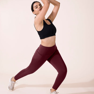 Women Solid Maroon Nylon Fitness Tights