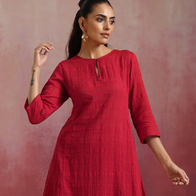 trueBrowns Red Cotton Dobby Flared Kurta Set
