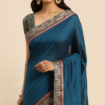 Blue Solid Vichitra Silk Saree With Fancy Border