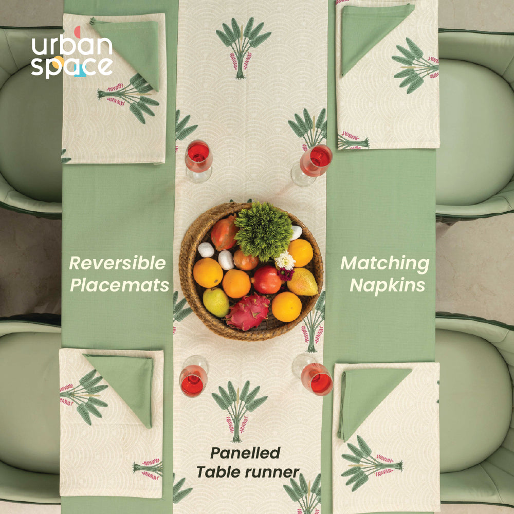 100% Cotton Dining table cover Combo - 1 Table Cloth, 4 reversible Placemats and 4 matching solid-colored Napkins - Palm Lagoon Green