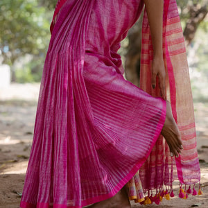 Pink Handloom Linen Saree With Stripes