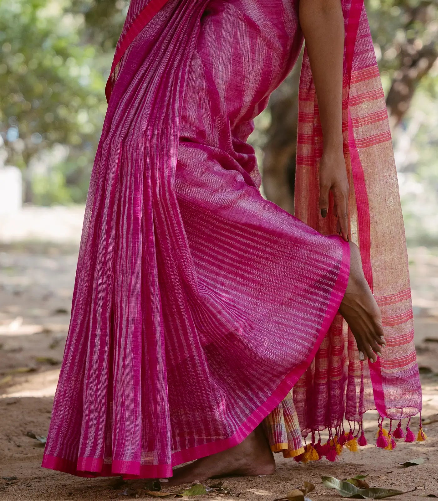 Pink Handloom Linen Saree With Stripes