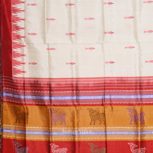 White Fish Motif With  Animal Theme Double Pallu Berhampuri Silk Saree