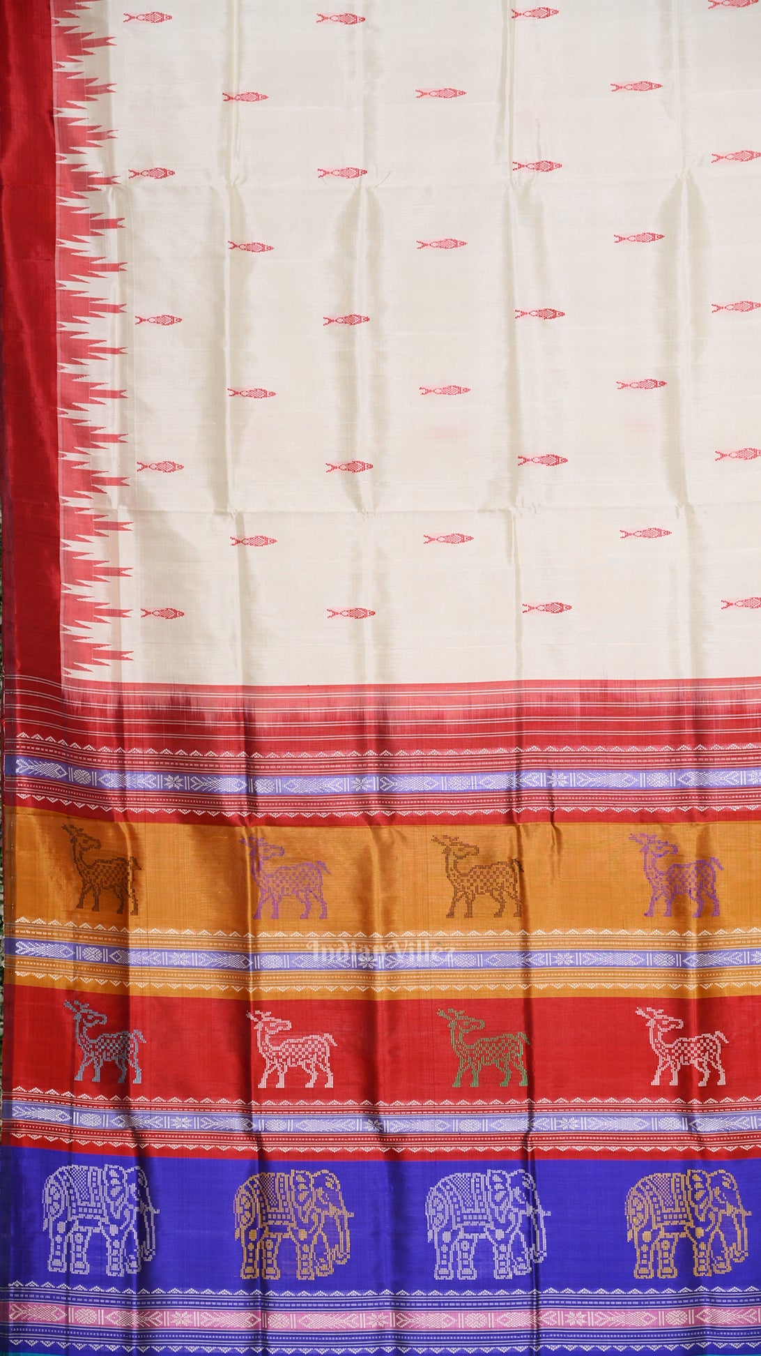 White Fish Motif With  Animal Theme Double Pallu Berhampuri Silk Saree