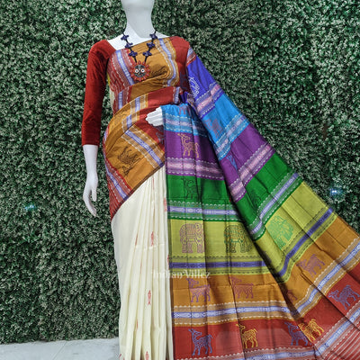 White Fish Motif With  Animal Theme Double Pallu Berhampuri Silk Saree