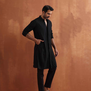 trueBrowns Men's Black Textured Cotton Dobby Front Open Kurta
