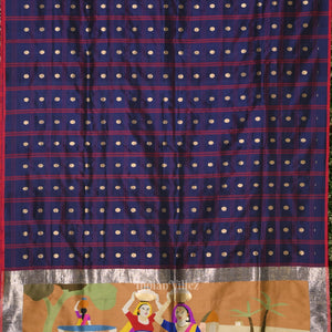 Indigo Blue Designer Ravi Verma Painting  Katan Banarasi Silk Saree