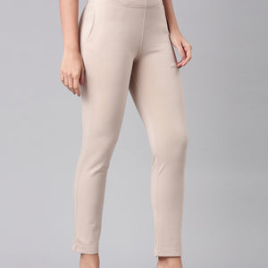 Women Solid Light Beige Mid Rise Smart Fit Kurti Pant