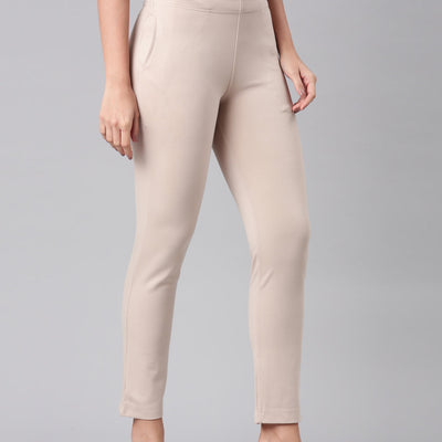 Women Solid Light Beige Mid Rise Smart Fit Kurti Pant