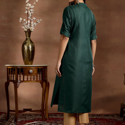 Green Solid Cotton Blend Straight Kurta