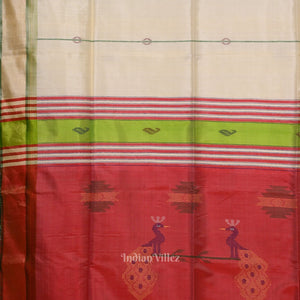 Off White Red Pure Bishnupuri Silk Saree