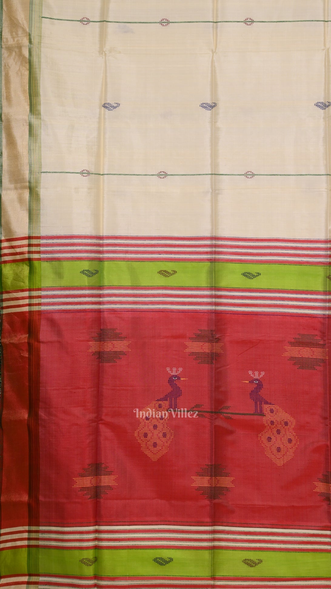 Off White Red Pure Bishnupuri Silk Saree