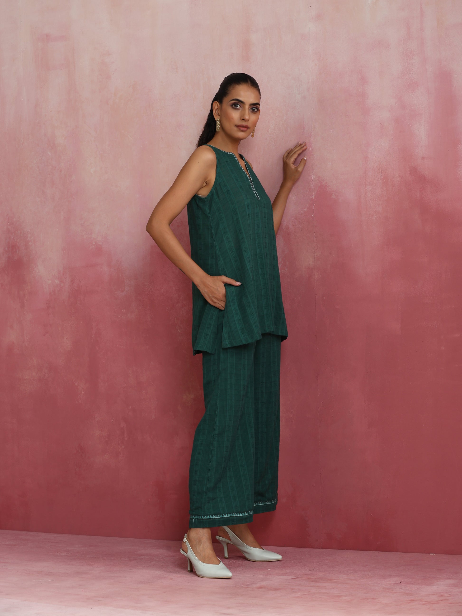 trueBrowns Dark Green Cotton Dobby Co-ord set