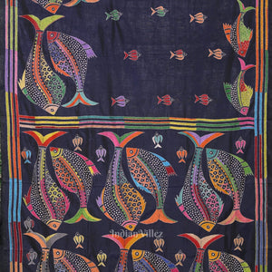 Navy Blue Handwoven Kantha Stitch Silk Saree