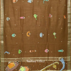 Caramel Musical Theme Hand-Painted Pattachitra Saree