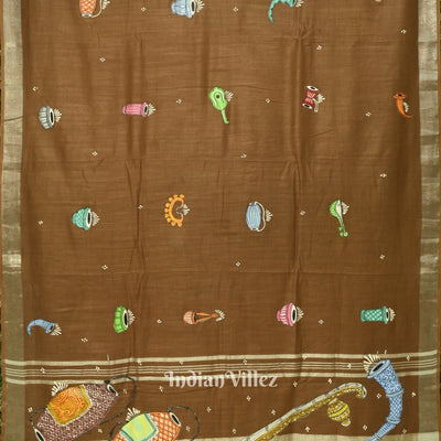 Caramel Musical Theme Hand-Painted Pattachitra Saree