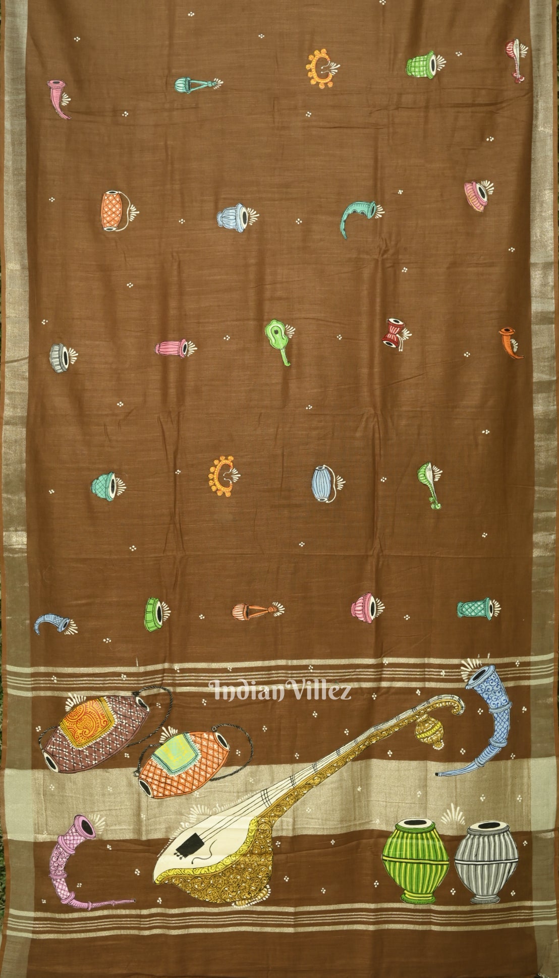 Caramel Musical Theme Hand-Painted Pattachitra Saree