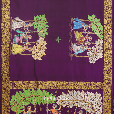 Parrot Green With Violet Raja Theme Hand-Painted Pattachitra Saree
