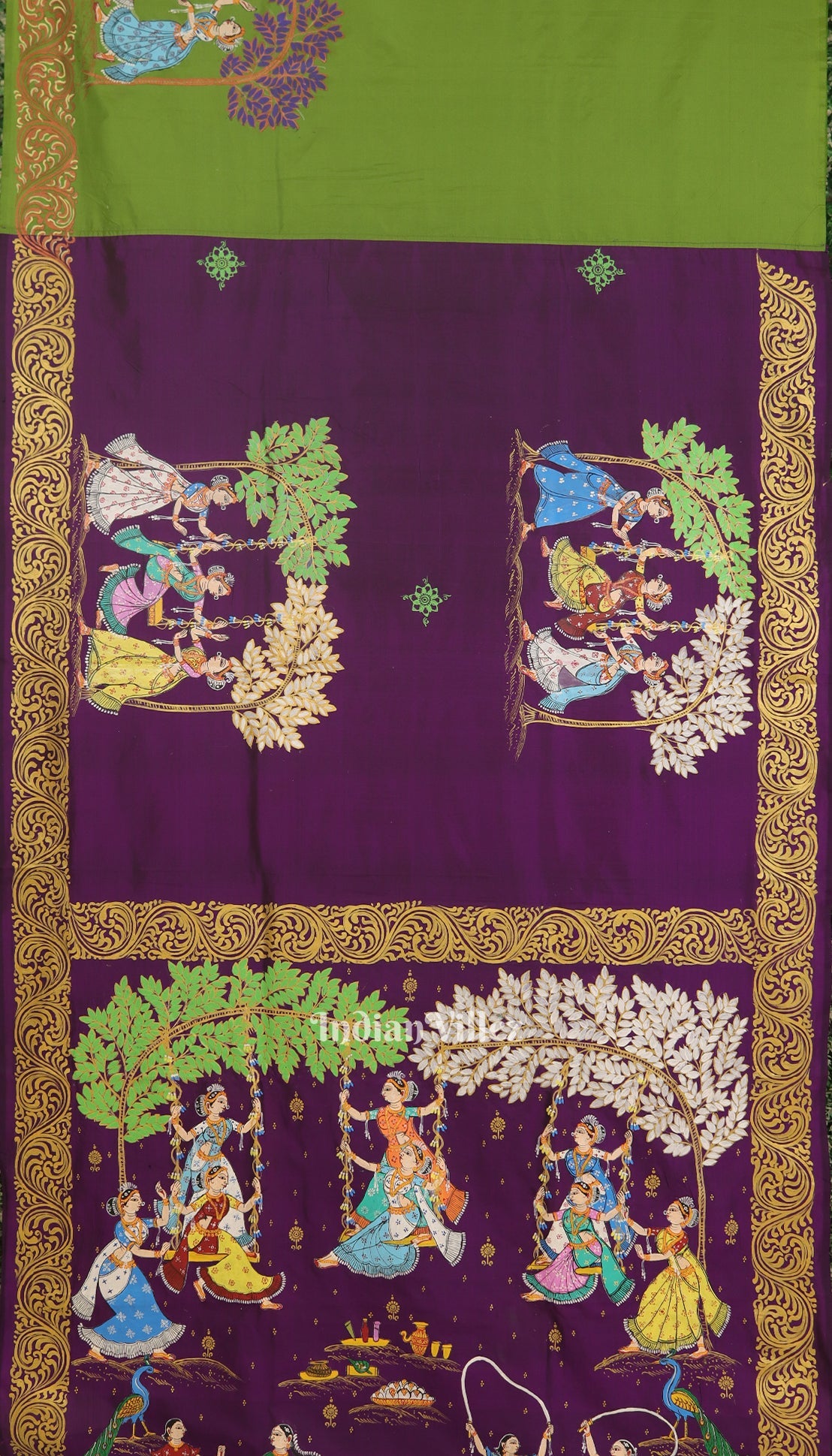 Parrot Green With Violet Raja Theme Hand-Painted Pattachitra Saree