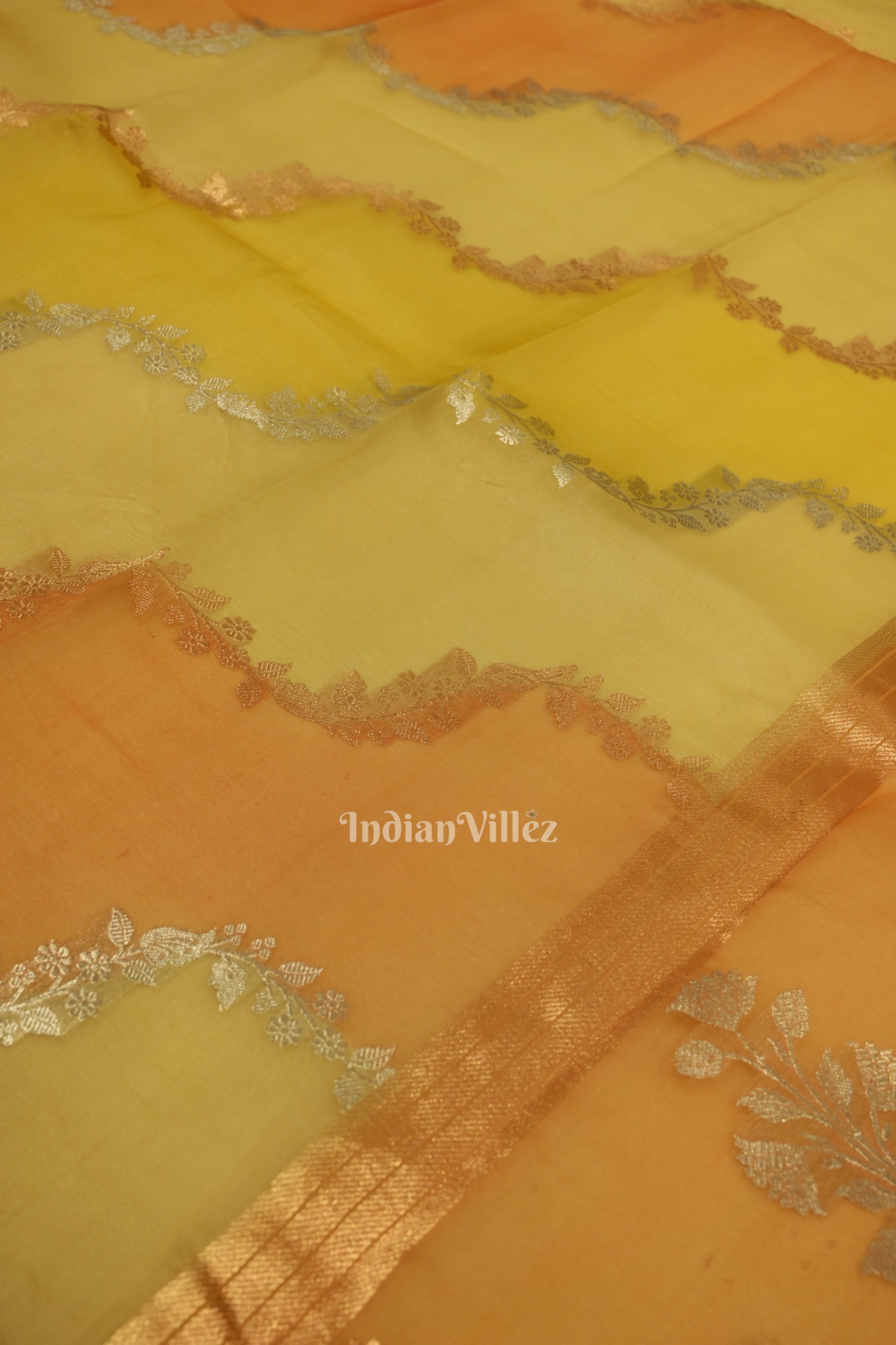 Lemon Yellow Pure Kora organza Banarasi Tissue Saree