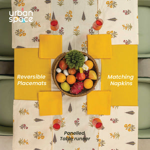 100% Cotton Dining table cover Combo - 1 Table Cloth, 4 reversible Placemats and 4 matching solid-colored Napkins - High Garden Yellow