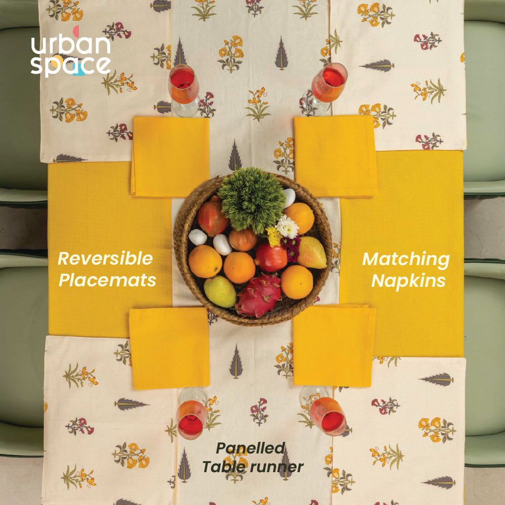 100% Cotton Dining table cover Combo - 1 Table Cloth, 4 reversible Placemats and 4 matching solid-colored Napkins - High Garden Yellow