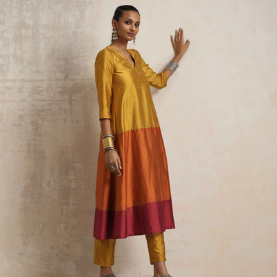 trueBrowns Gold Orange Silk A-line Kurta Set