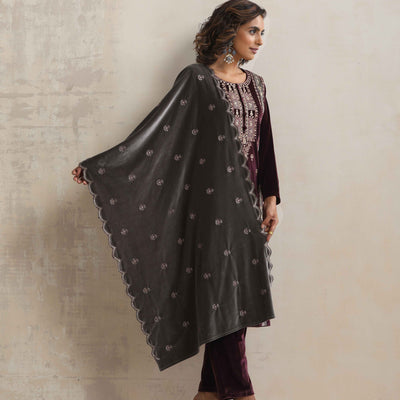 trueBrowns Purple Velvet Floral Embroidered Kurta Pant Dupatta Set