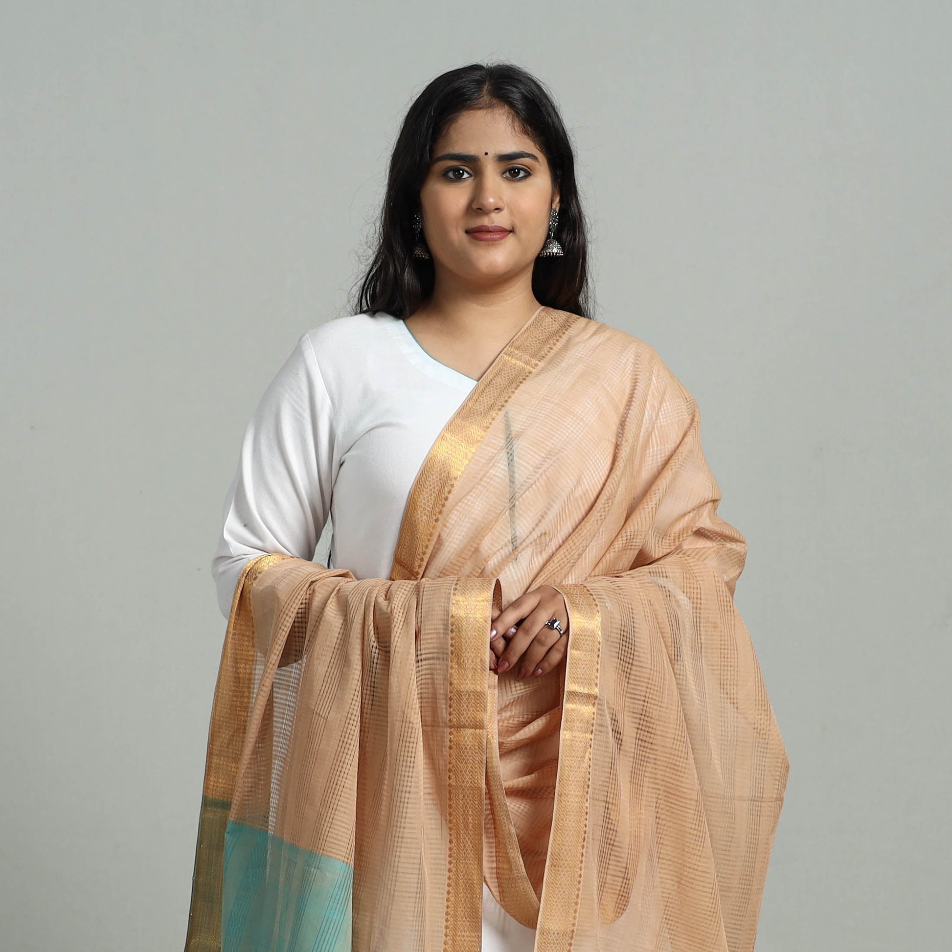 Beige - Handloom Cotton Nizam Zari Border Mangalagiri Dupatta 02
