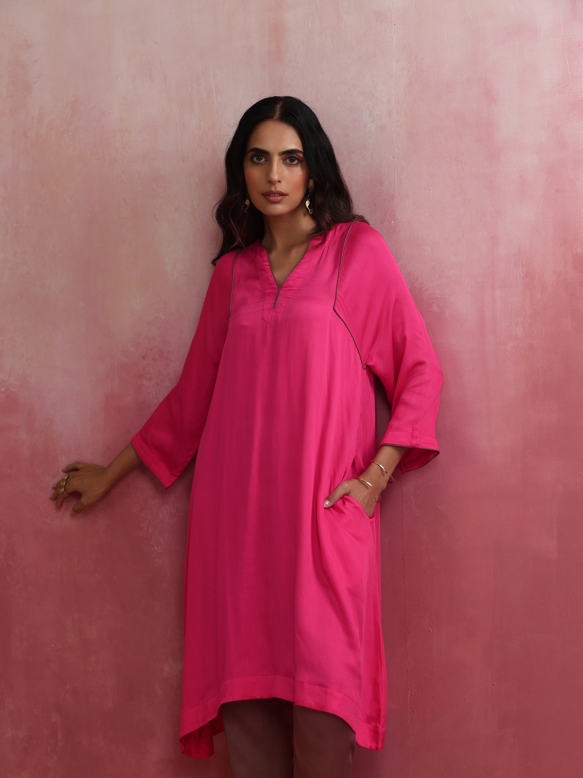 trueBrowns Pink Modal Kimono Kurta Co-ord Set