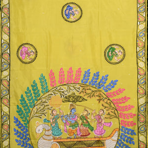 Lemon Yellow Radha Krishna Boita Theme Hand- Painted Pattachitra Saree