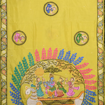Lemon Yellow Radha Krishna Boita Theme Hand- Painted Pattachitra Saree
