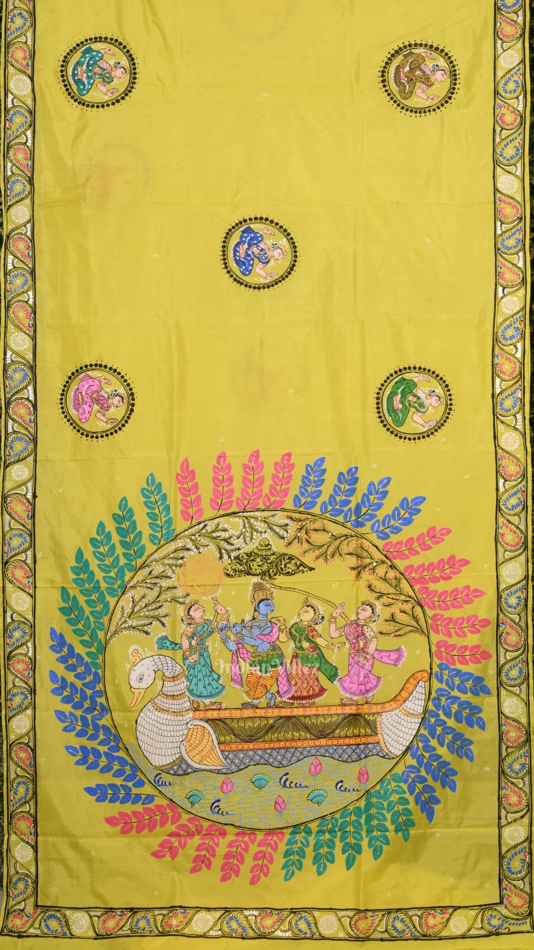 Lemon Yellow Radha Krishna Boita Theme Hand- Painted Pattachitra Saree
