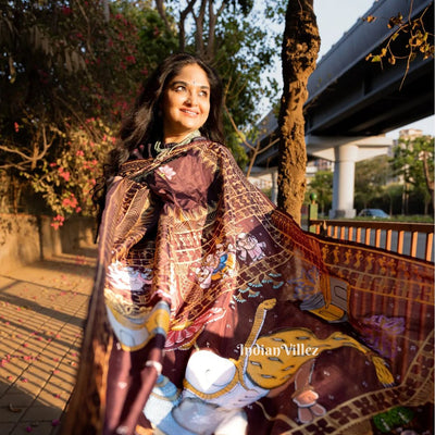 Arjuna Bows to Navagunjara Pure Hand-Painted Pattachitra Saree