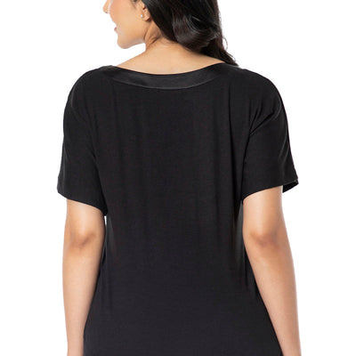 Satin Edge Half Sleeve Round Neck Sleep Top - Black