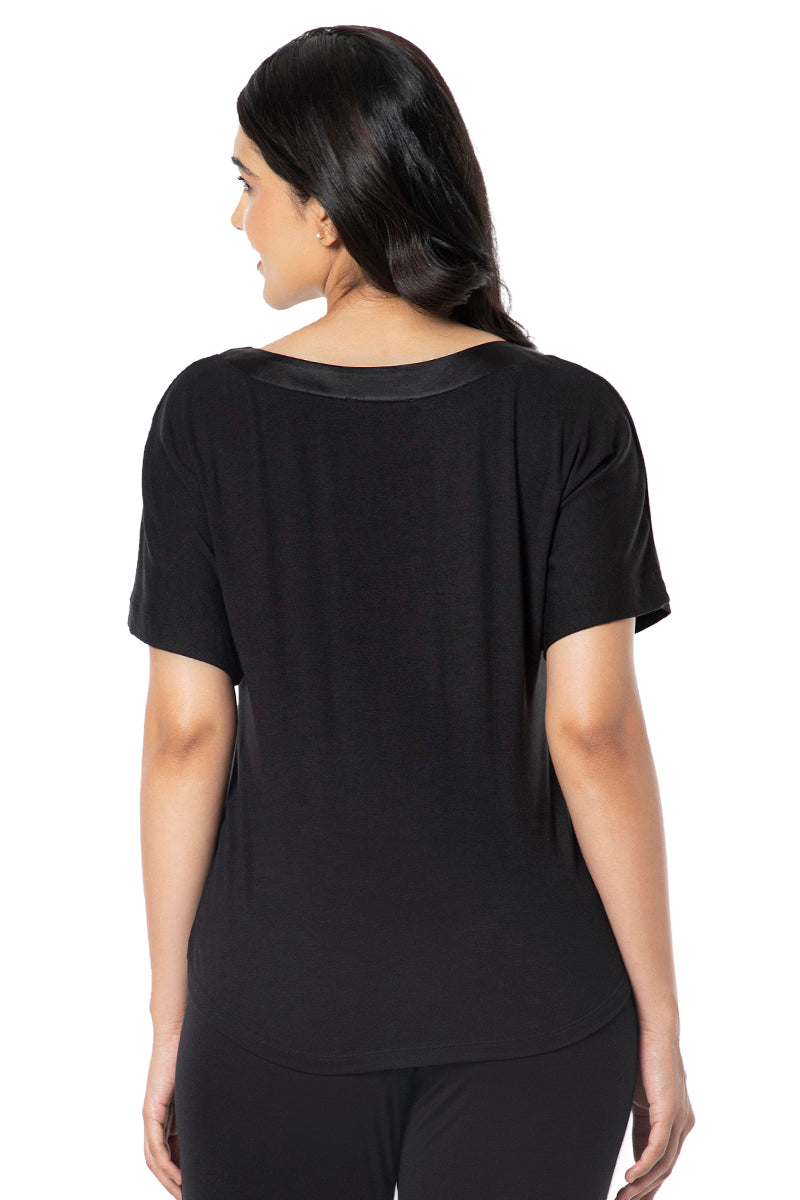 Satin Edge Half Sleeve Round Neck Sleep Top - Black