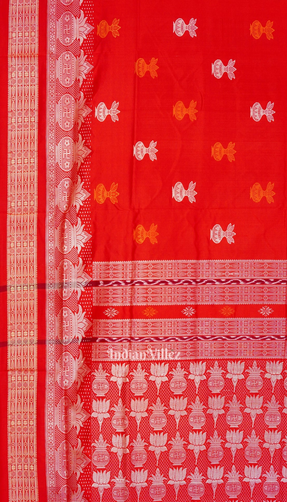 Red With Kalash Design Bomkai Sambalpuri Silk Saree