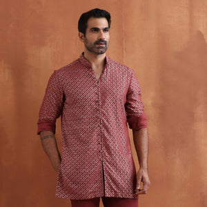 trueBrowns Men's Rust Cotton Dobby Short Kurta