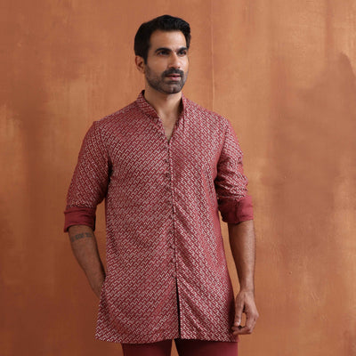 trueBrowns Men's Rust Cotton Dobby Short Kurta