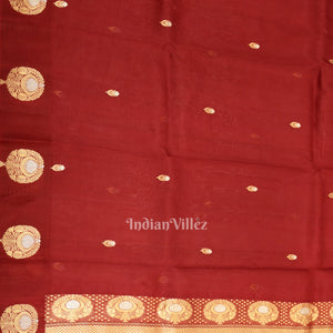 Deep Maroon Banarasi Katan Saree With Floral Handwork